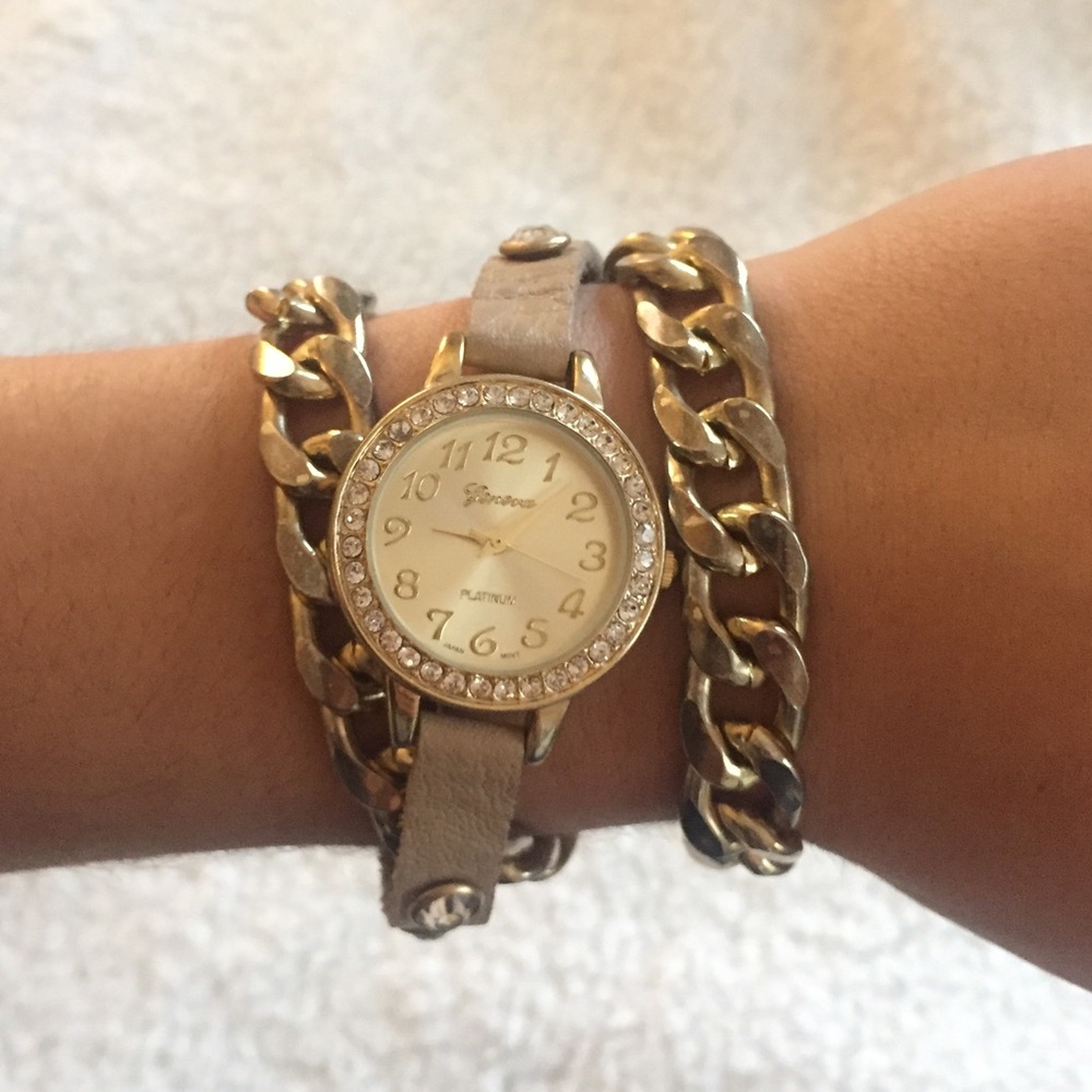 Tan and gold wrap watch